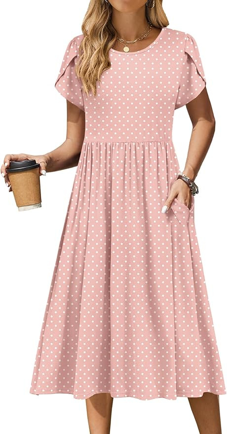 Zeagoo Women Summer Short Sleeve Midi Dress with Pockets Casual Aline Flowy Tshirt Dress Floral V... | Amazon (US)