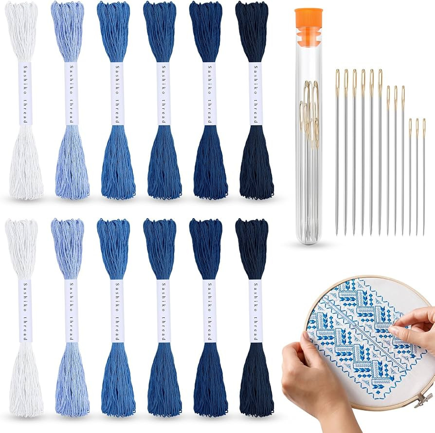 Zeyune 12 Pcs Sashiko Thread Kit with Needles, Blue, 100% Cotton 20m Each | Amazon (US)