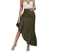 Umenlele Women's Ruched Ruffle High Low Asymmetrical Hem High Waist Midi Skirt | Amazon (US)