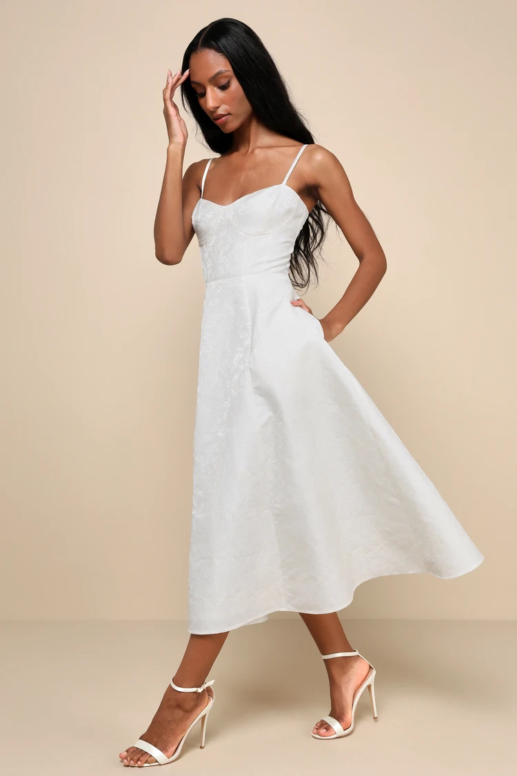 Meet for Tea White Jacquard Bustier Midi Dress With Pockets | Lulus
