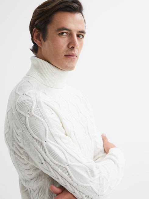 Reiss Ecru Alston Cable Knitted Roll Neck Jumper | Reiss UK