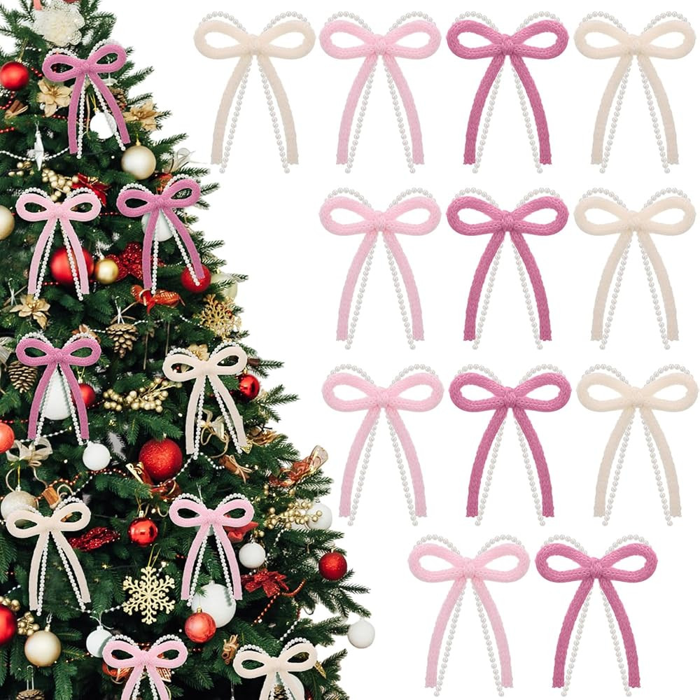 24 Pcs Christmas Pearl Bow Ornaments Crochet Christmas Tree Decorations Coquettish Hanging Pendan... | Amazon (US)