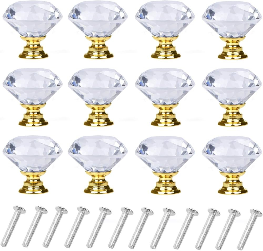 YourGift 12 Pack Drawer Knobs Diamond Shaped Crystal Glass 30mm Cabinet Knobs Pull Handles (Gold) | Amazon (US)
