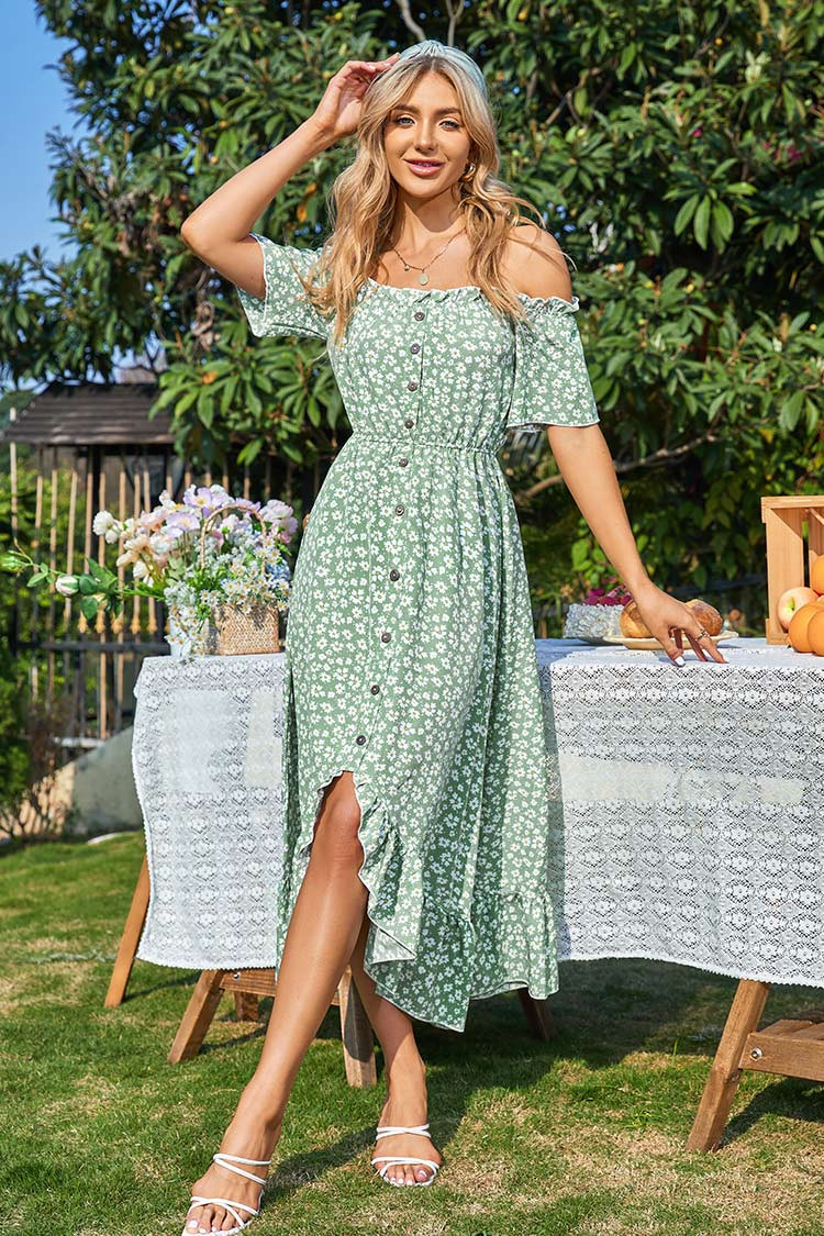 Pattaya Off-shoulder Ditsy Frill A-Shape Dress | Cupshe