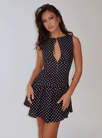 Alissea Keyhole Linen Blend Mini Dress Black Polka | Princess Polly US