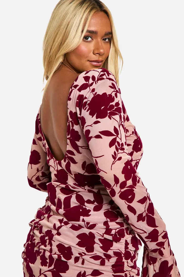 Plus Devore Ruched Flare Sleeve Shift Dress | boohoo (US & Canada)