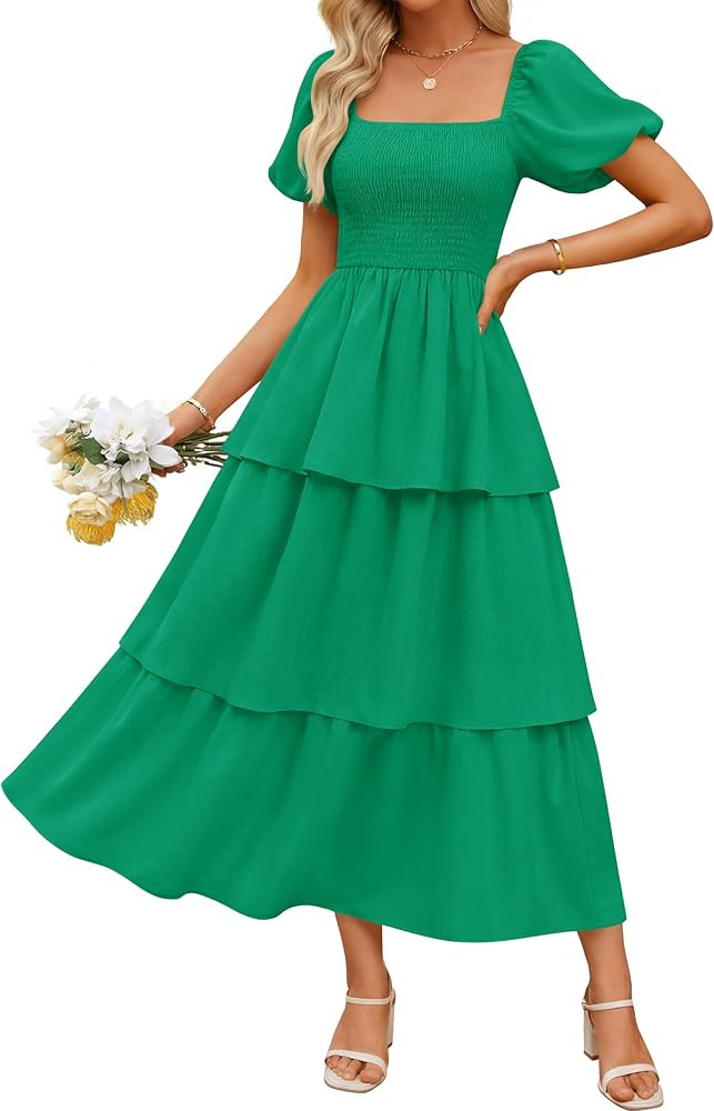 ZESICA Women's Summer Smocked Midi Dress 2026 Casual Puff Short Sleeve Flowy Tiered Boho Beach Va... | Amazon (US)
