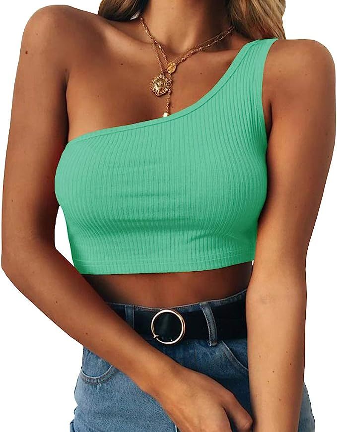 Minclouse Women's One Shoulder Sleeveless Crop Tops Summer Sexy Strappy Tank Tees | Amazon (US)