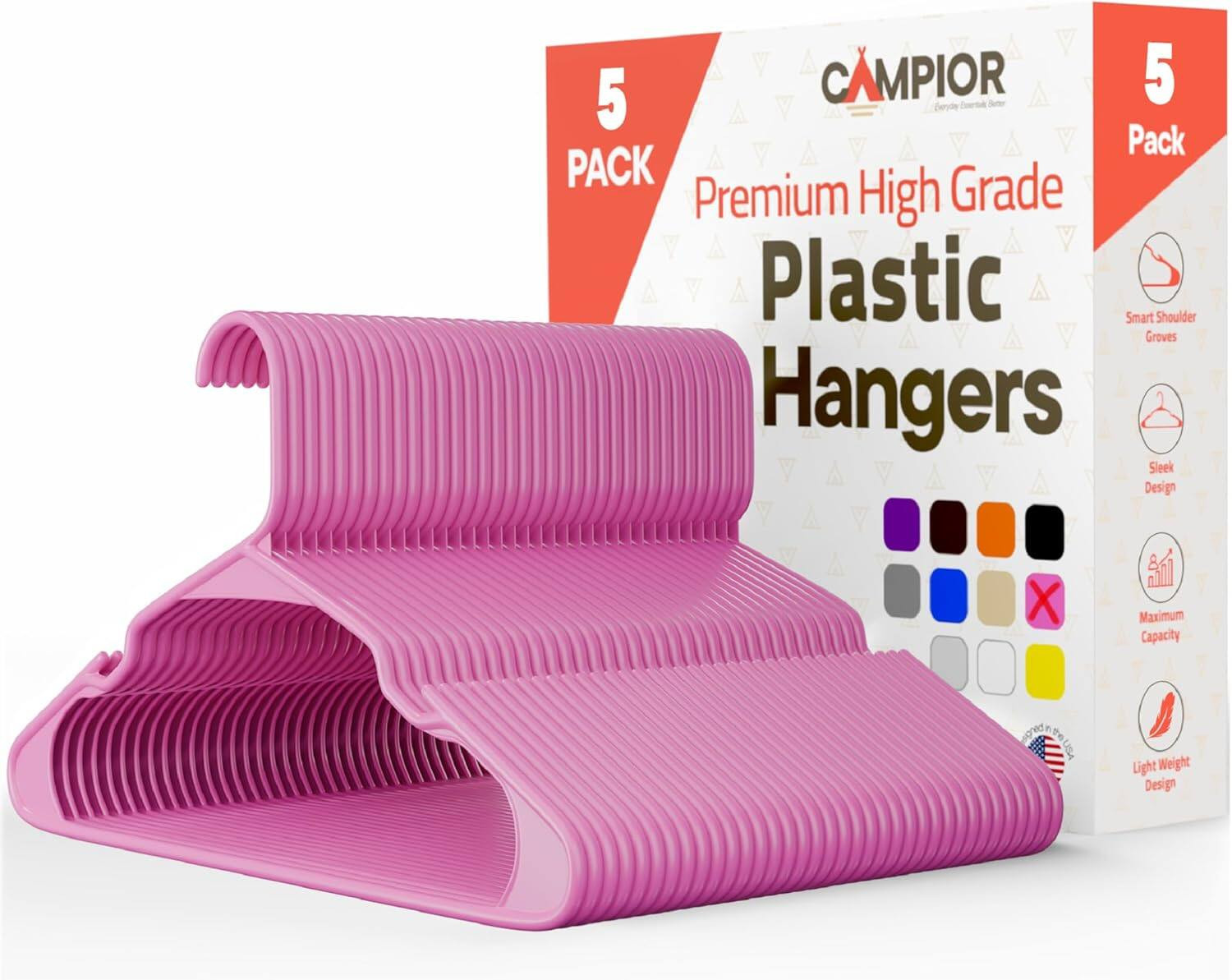 Campior - Plastic Hangers – 5-Pack, Heavy-Duty, Slim, Space-Saving, Non-Slip Notches, for Dresses, Suits, Jackets & More - Pink | Best Buy U.S.