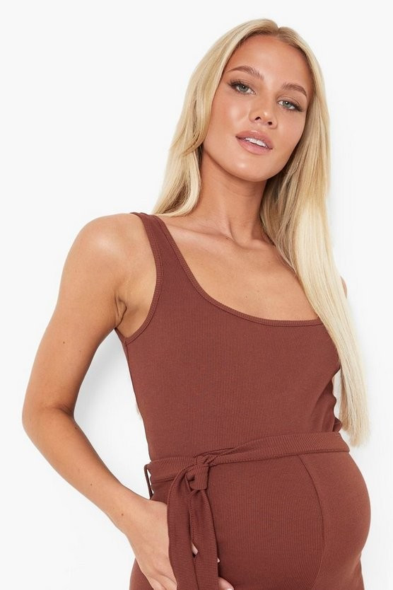Maternity Scoop Tie Waist Rib Jumpsuit | Boohoo.com (US & CA)