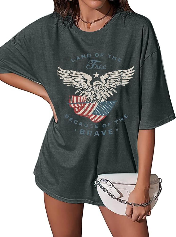 Oversized American Flag Shirt Women: Land of The Free Patriotic Shirts Rock Eagles Band Graphic T... | Amazon (US)