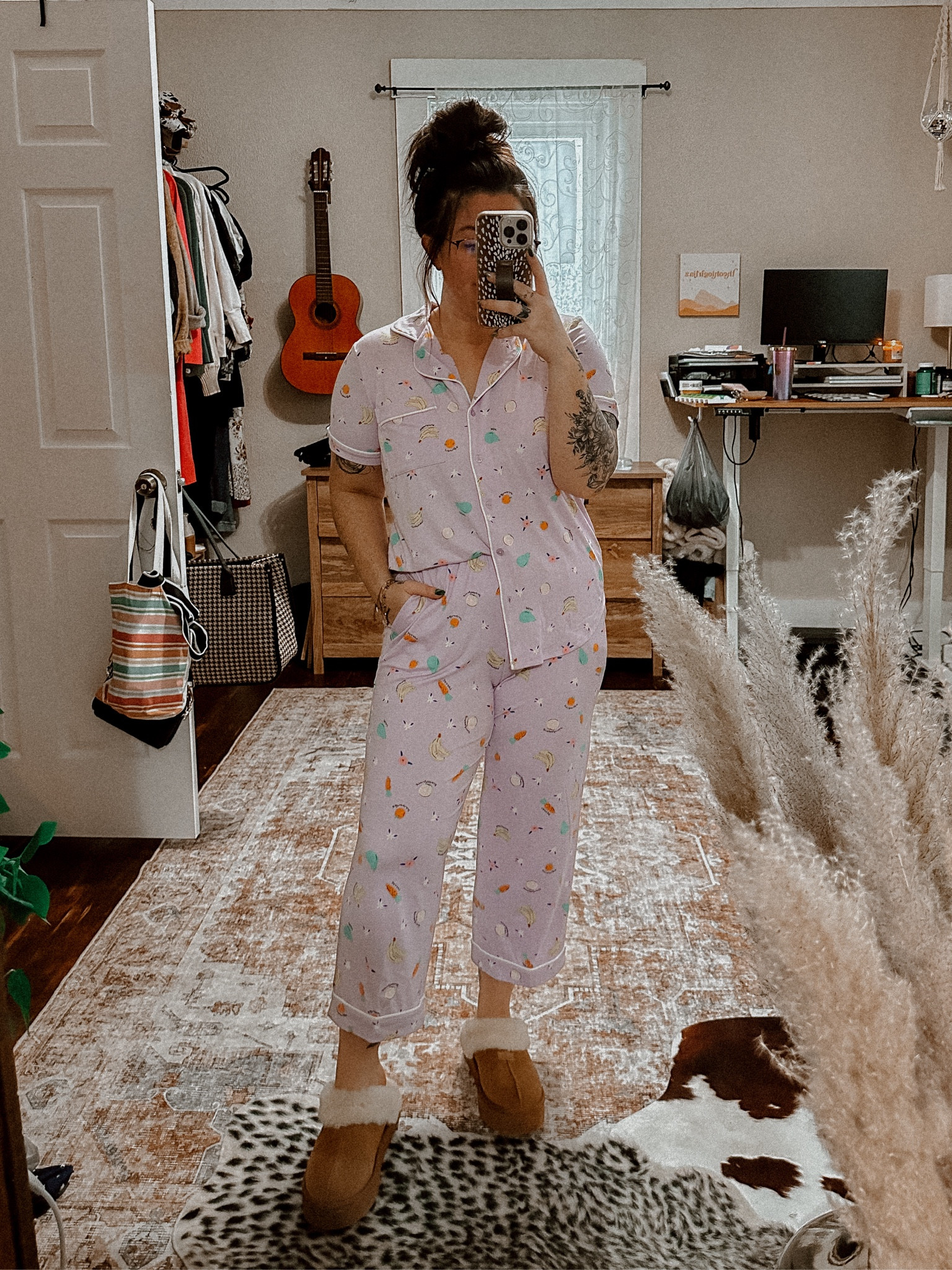 Super cute fruit two piece matching Walmart Walmart fashion joyspun pajamas! Lavender button up super stretchy pajamas with pockets and buttons! Wearing size medium with platform fuzzy slippers also from Walmart! 

#LTKstyletip #LTKshoecrush #LTKSeasonal