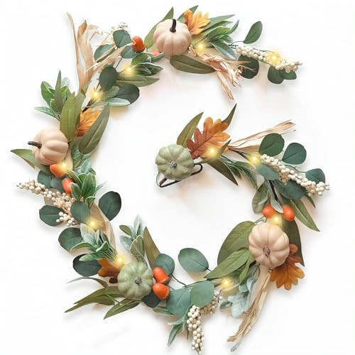 Fall Decorations for Home 6Ft Fall Garland with Lights, Autumn Fake Pumpkin Berry Maple Leaves Garland for Mantle Halloween Harvest Thanksgiving Fireplace Party, Fall Decor Outdoor Indoor Porch Vines | Amazon (US)