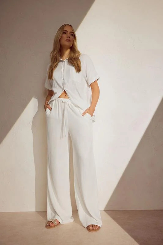 LTS Tall White Linen Tie Waist Wide Leg Trousers | Long Tall Sally