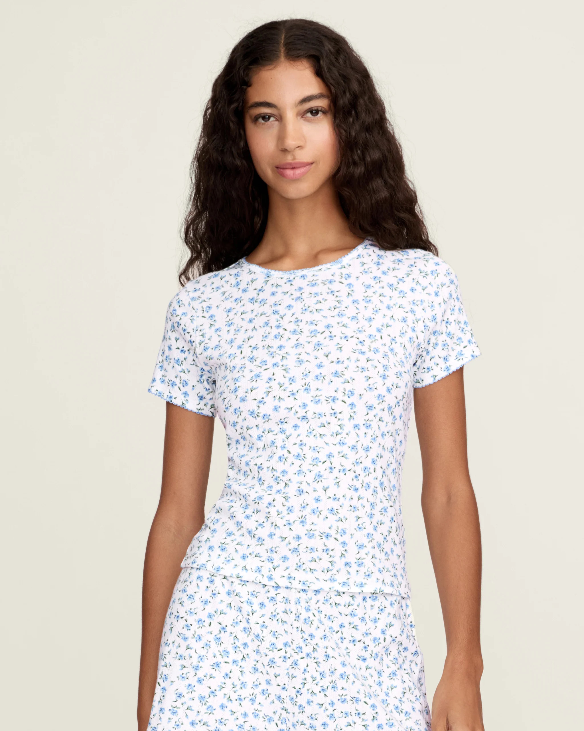 Women's Pointelle T-Shirt in Blue Floral | Petite Plume