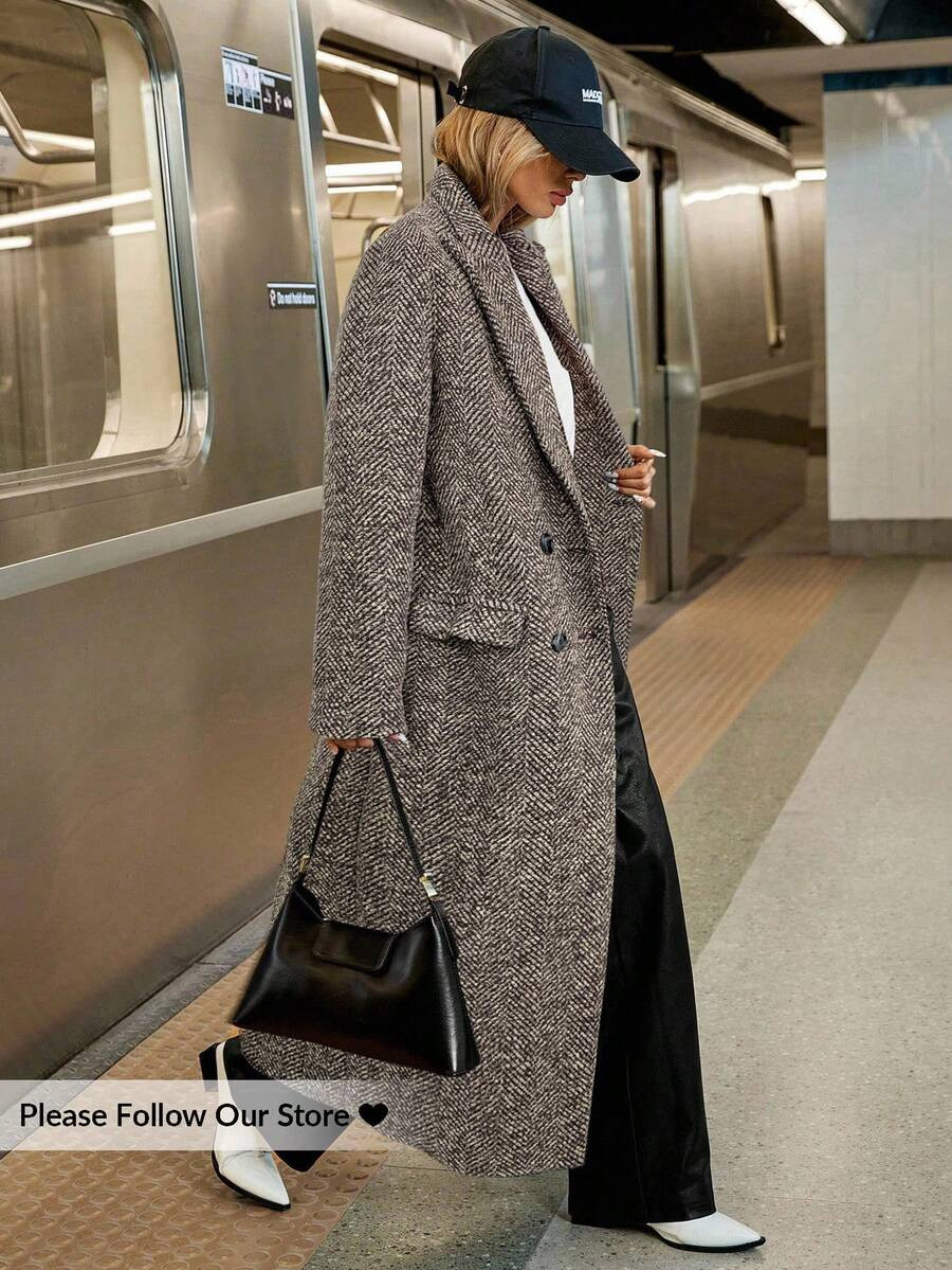 Siren Gaze Women's Autumn/Winter Lapel NeckHerringbone Double-Breasted Long Sleeve Long Casual Ov... | SHEIN