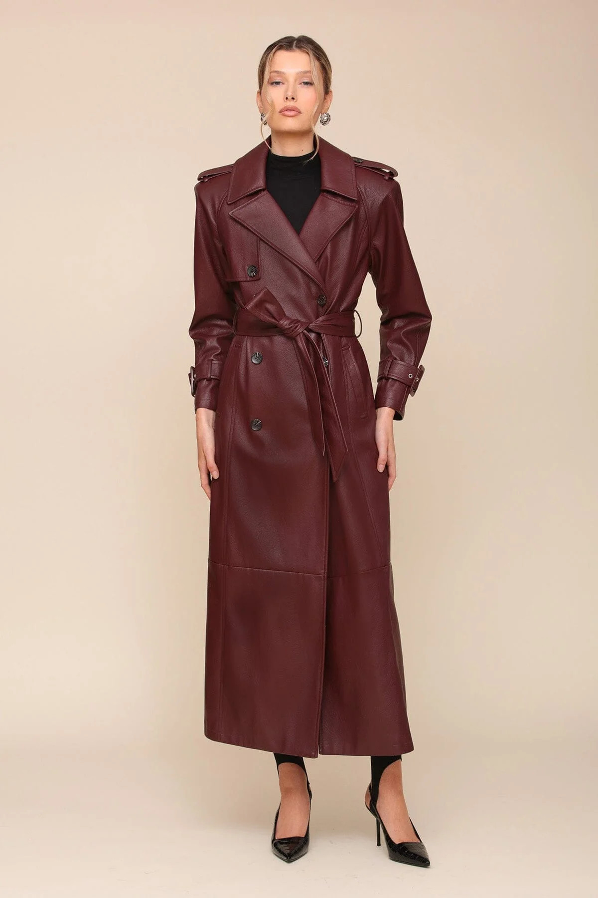 Faux-Ever Leather™ Strong Shoulder Maxi Trench Coat | Avec Les Files