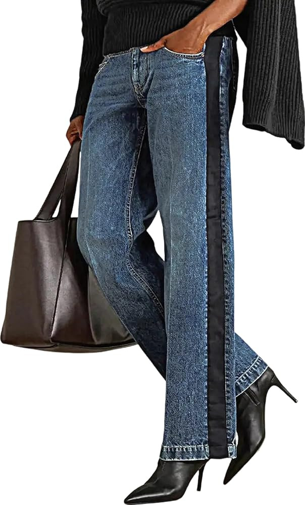 Huang's Women's High-Rise Wide Leg Jeans with Side Stripe, Medium Wash Denim, Black Stripe Detail | Amazon (US)