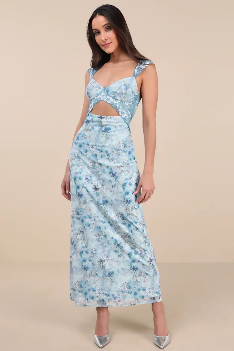 Endlessly Cute Blue Floral Mesh Cutout Lace Bustier Maxi Dress | Lulus