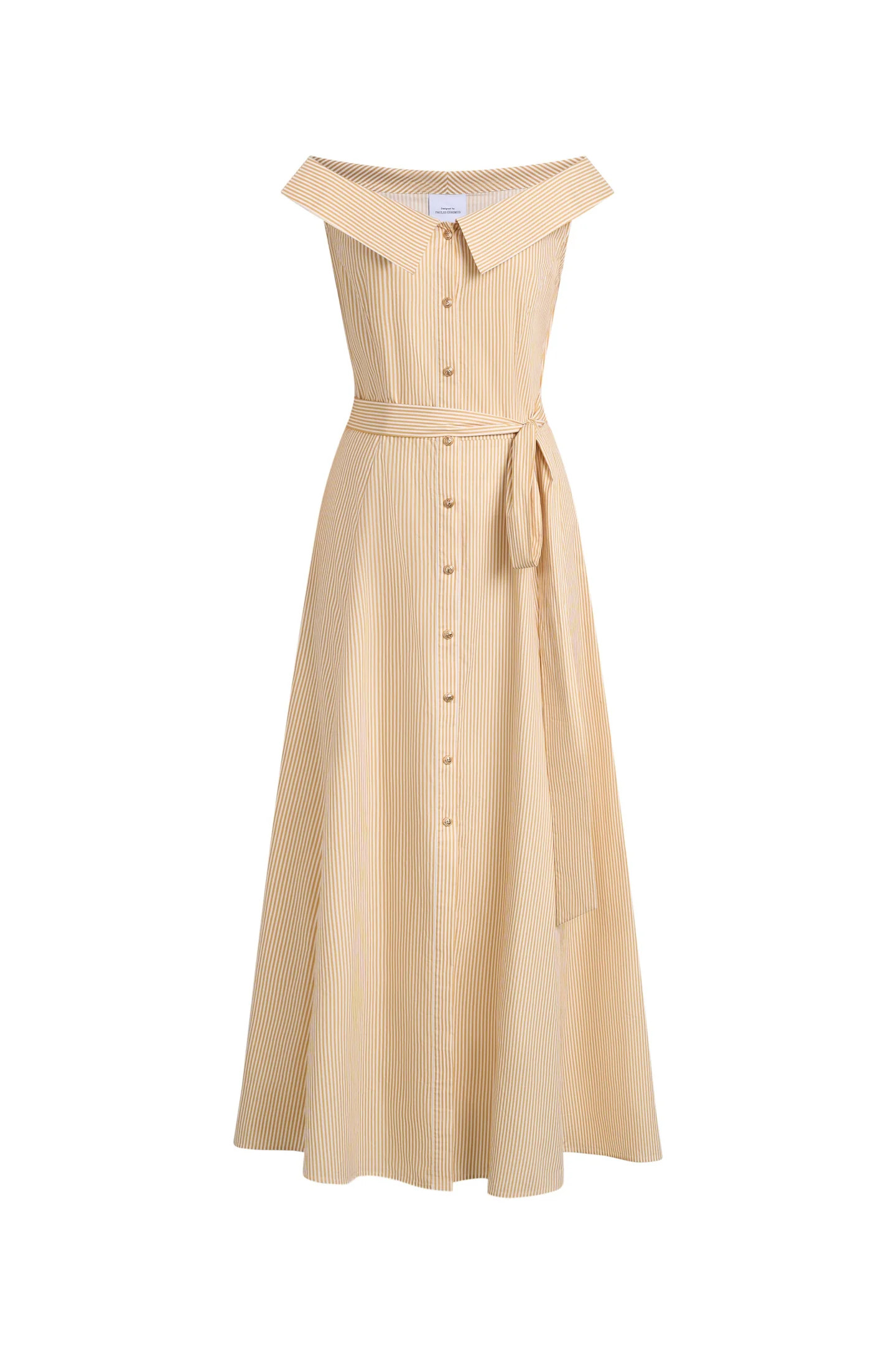 Claudia Striped Off Shoulder Collared Belted Sleeveless Shirt Dress in | Fabrique