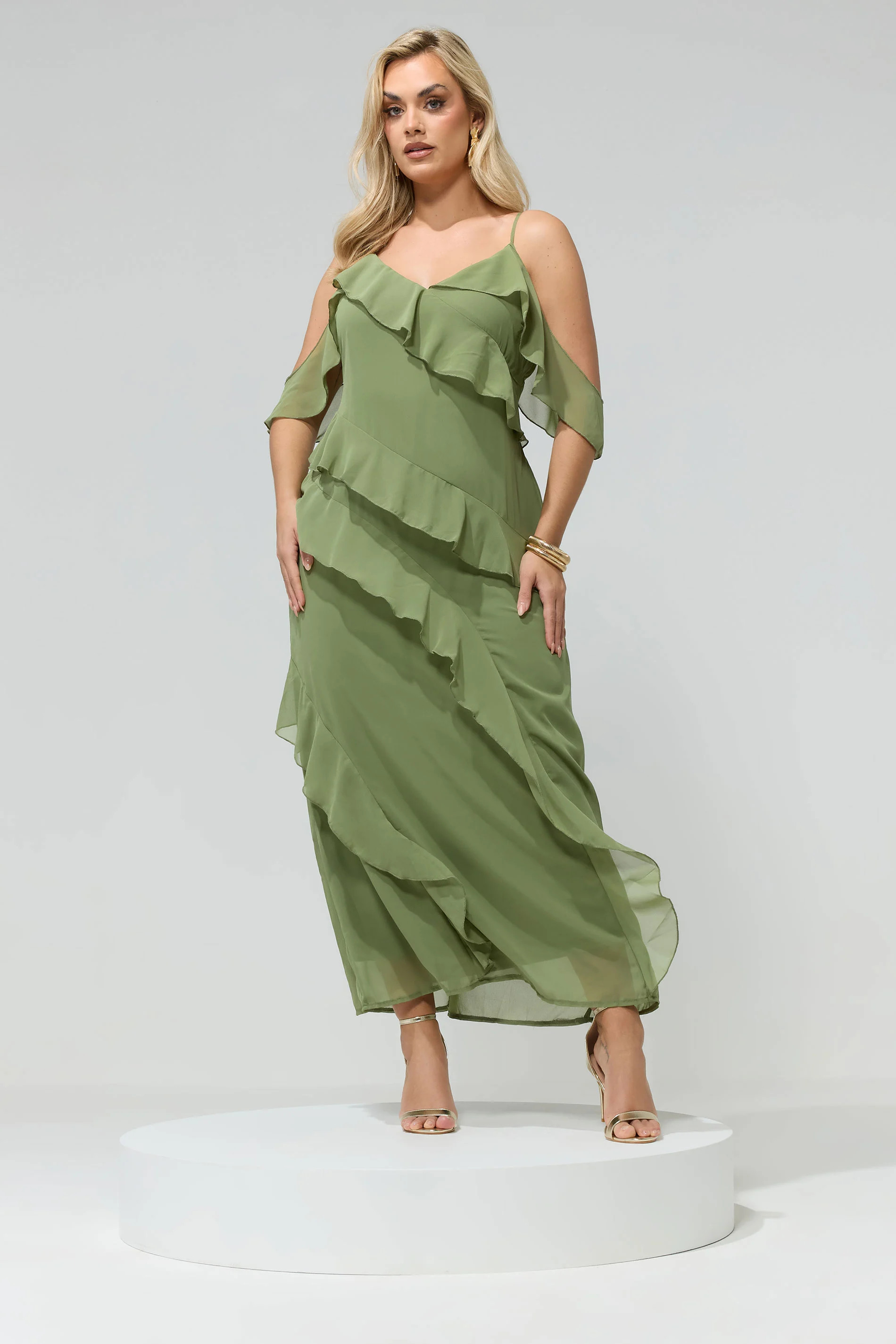 YOURS LONDON Plus Size Olive Green Ruffle Cold Shoulder Dress | Yours Clothing UK