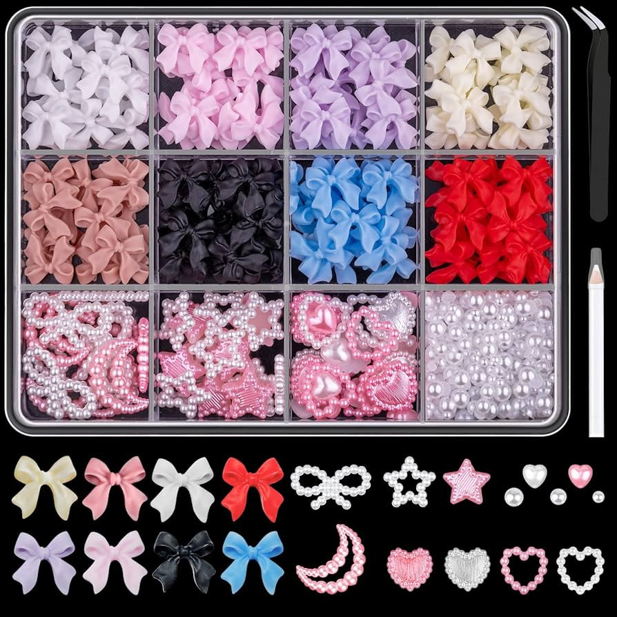 600 Pcs 3D Nail Charms and Flatback Pearls Set 1, 8 Colors Nail Bows Charm + Pink&White Star Hear... | Amazon (US)