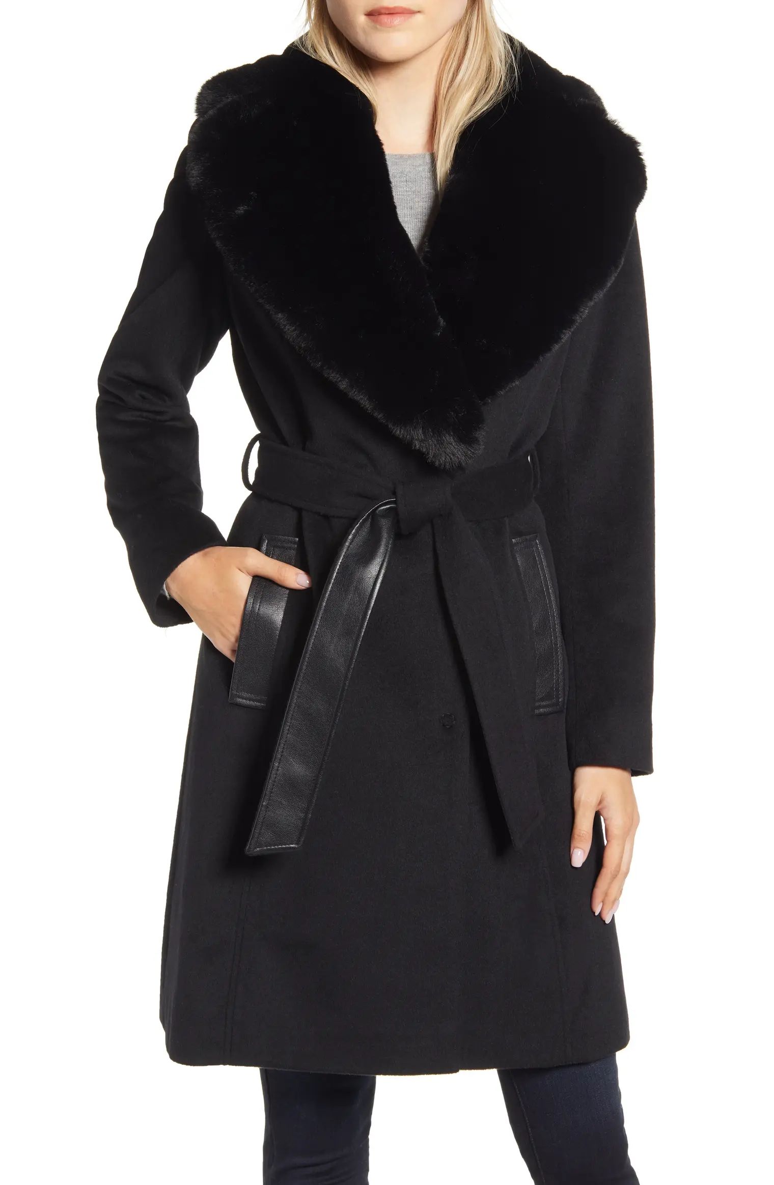 Faux Leather & Wool Blend Coat with Faux Fur Collar | Nordstrom