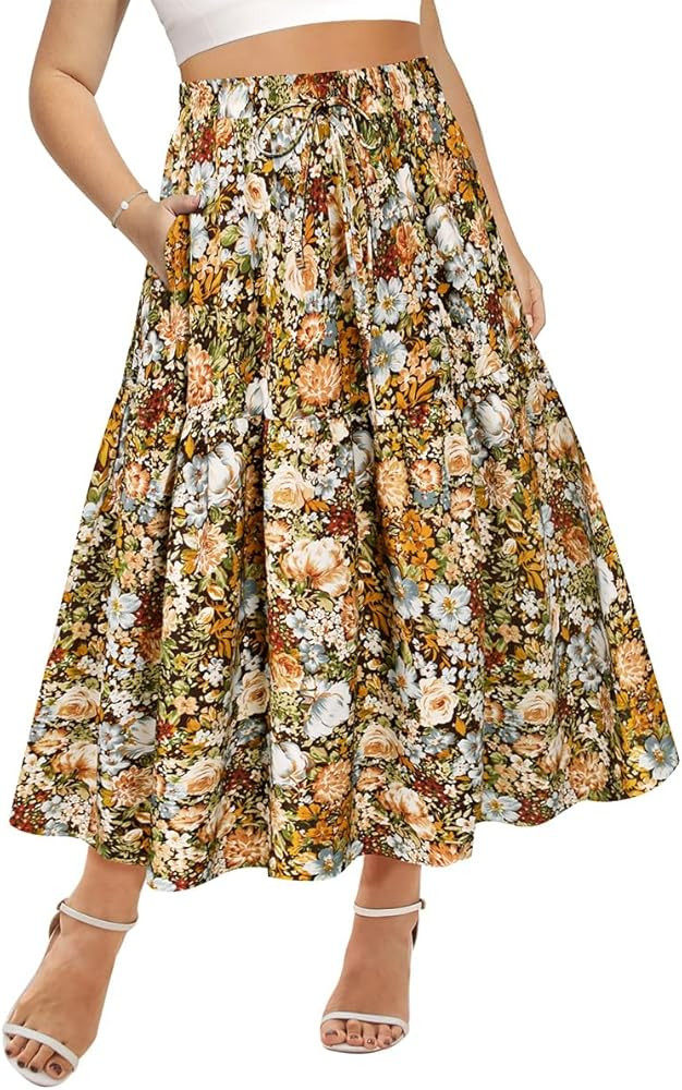 Plus Size Skirts for Curvy Women Elastic High Waist Boho Maxi Skirt Pleated A-Line Tiered Long Sk... | Amazon (US)