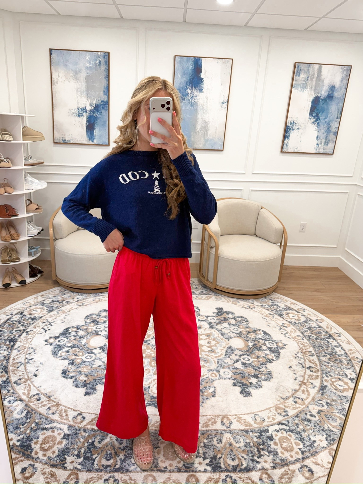 Cape Cod sweater paired with wide leg red pants just became the most effortlessly chic patriotic outfit I have ever put together 🇺🇸☀️✨
The navy nautical graphic sweater, the bold red wide leg pants, the whole elevated color blocking moment — festive, fashion forward, and so incredibly easy to wear. The kind of look that works for the 4th, lakeside celebrations, coastal grandmother vibes, and every summer moment in between.

#LTKSeasonal #LTKootd #LTKTravel