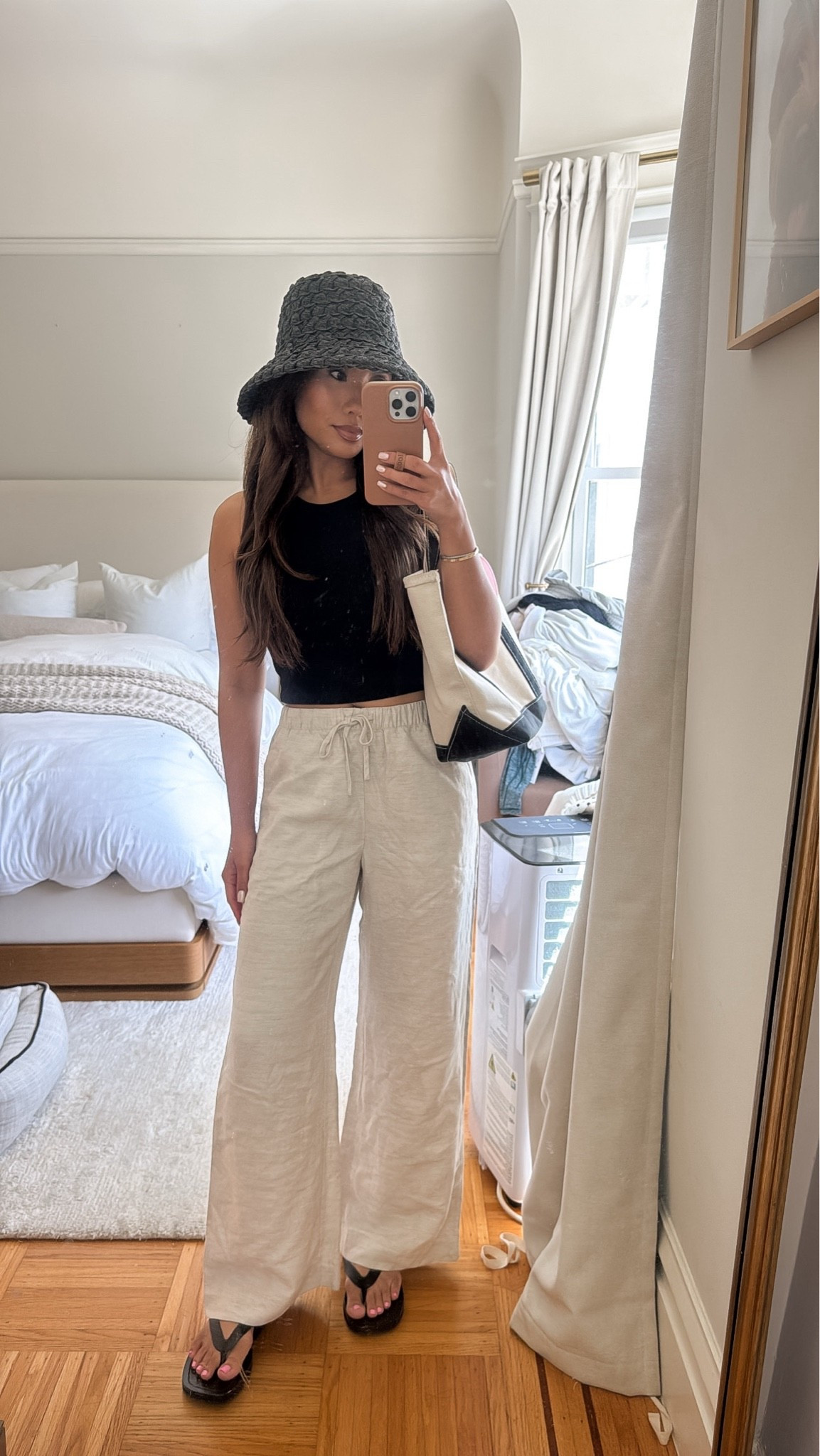Outfit links 🤍

Top is old linked similar
Linen pants - tts, xs regular length in undyed ecru I did get these hemmed just a smidge (but in the black color I didn’t need to get them hemmed)
Sandals - tts