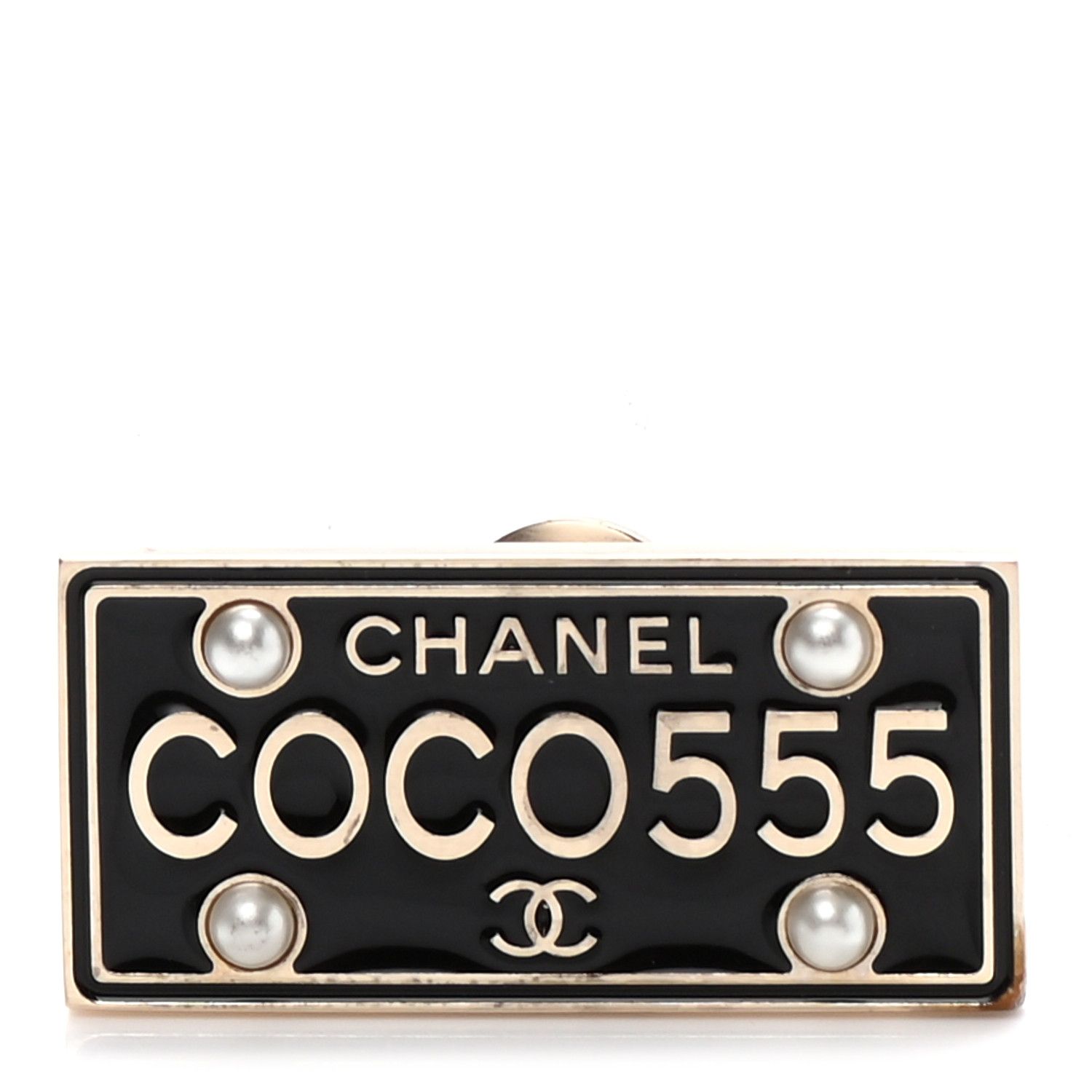 CHANEL

Metal Resin Pearl Coco License Plate Brooch Black Gold | Fashionphile