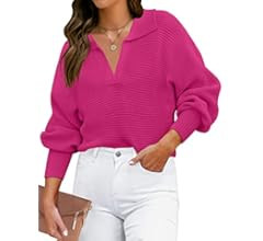 Women's 2023 Fall Lapel Collar V Neck Long Sleeve Ribbed Knit Comfy Loose Casual Pullover Sweater... | Amazon (US)