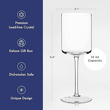 Square Wine Glasses Set of 4 - Crystal Wine Glasses 14oz in Gift Packaging - Large Red Wine Glass... | Amazon (US)