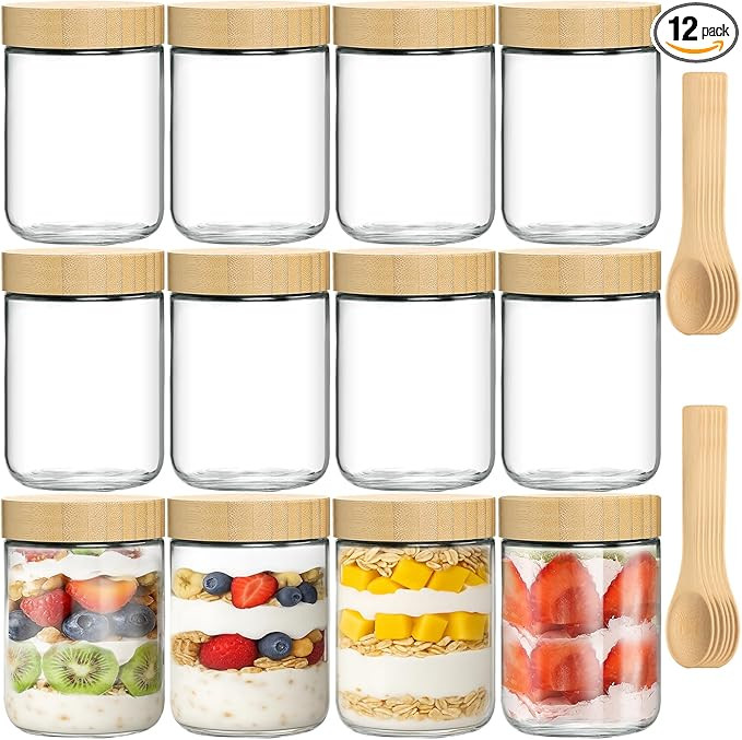 12 Pack 16oz Glass Jars with Bamboo Lids, Spoons, Airtight Overnight Oats Containers, Salad& Yogu... | Amazon (US)