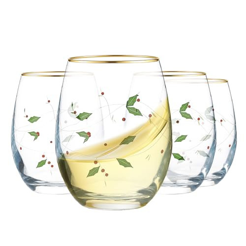 Gusto Buono 23 oz Holiday Stemless Wine Glasses Set of 4 – Dishwasher Safe, Italian Handmade Borosilicate with Red & Green Holly Leaf Design Christmas Dinnerware | Amazon (US)