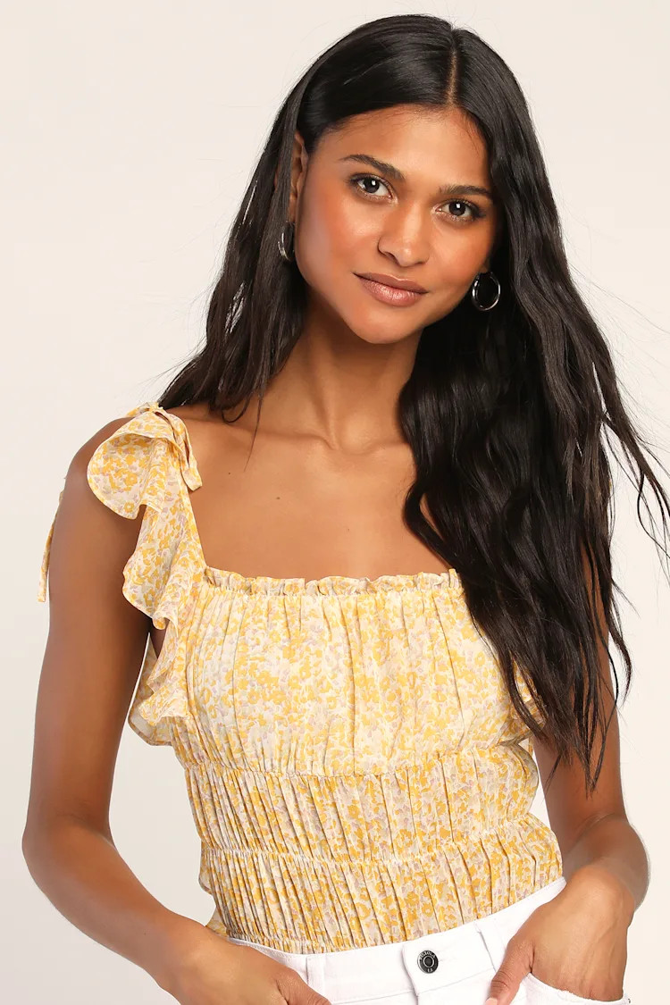 Sweetest Frills Yellow Print Tie-Strap Smocked Bodysuit | Lulus (US)
