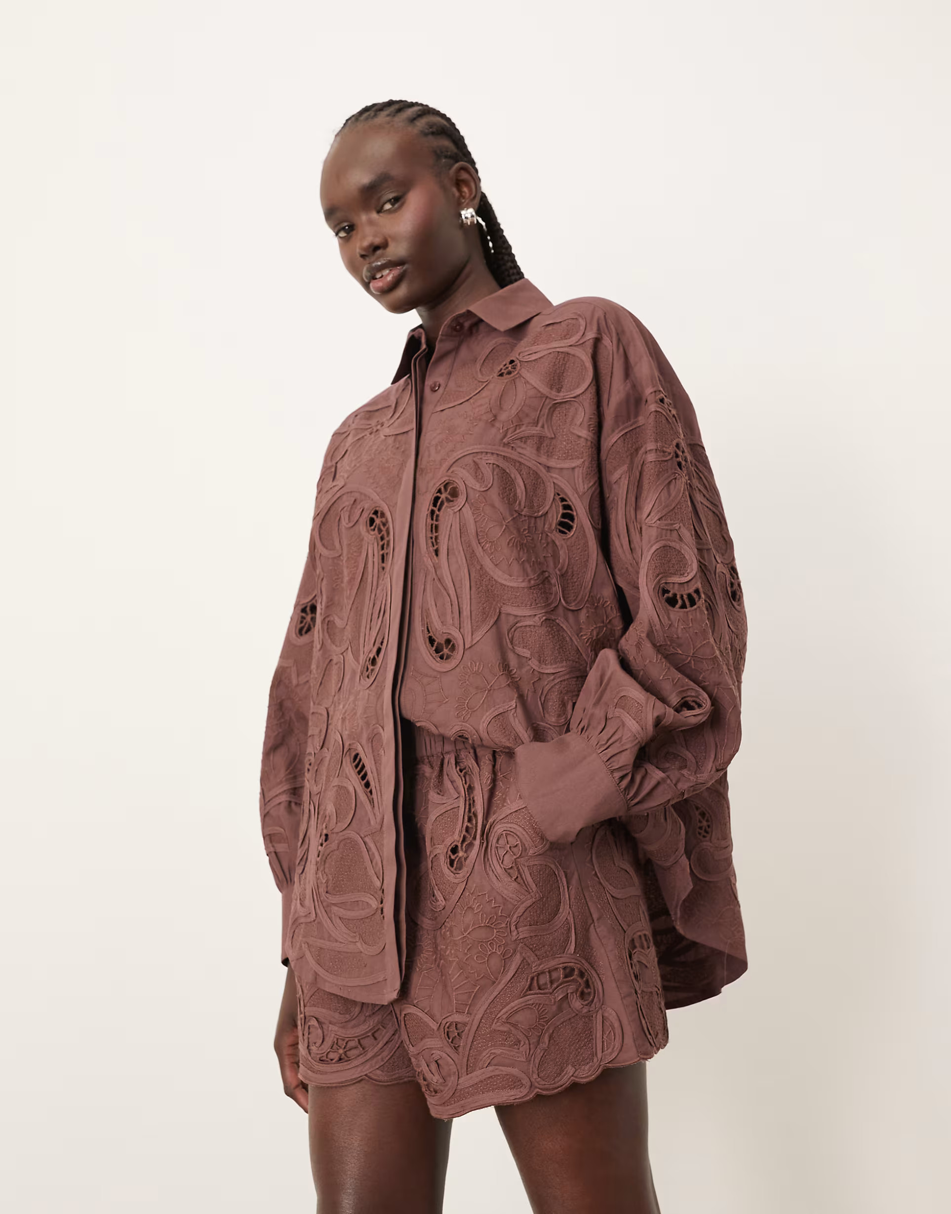 ARRANGE cotton mirrored floral embroidered cutwork shorts in chocolate - part of a set | ASOS | ASOS (Global)