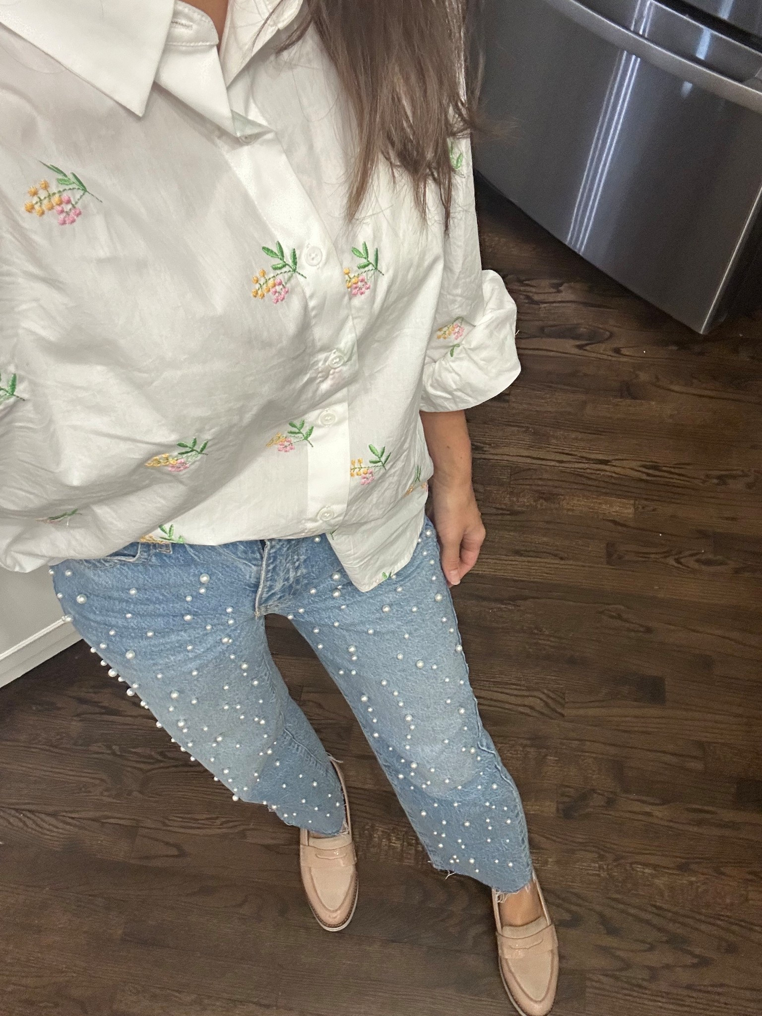 Weekend wear, church outfit, outfit inspo
Pearl front jeans, women’s loafers 
Everyday casual 
Grand millennial 
Feminine 

#LTKShoeCrush #LTKautumn #LTKStyleTip