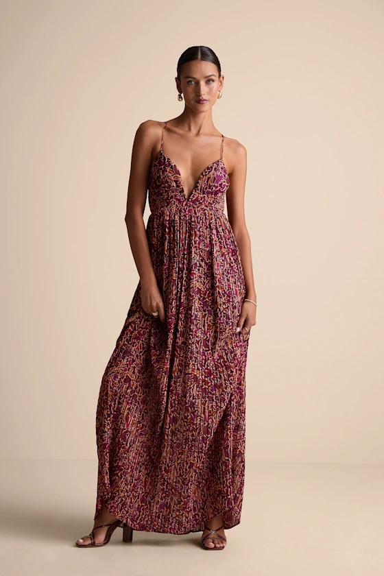 Kit Plum Multi Floral Pleated Lace-Up Maxi Dress | Lulus