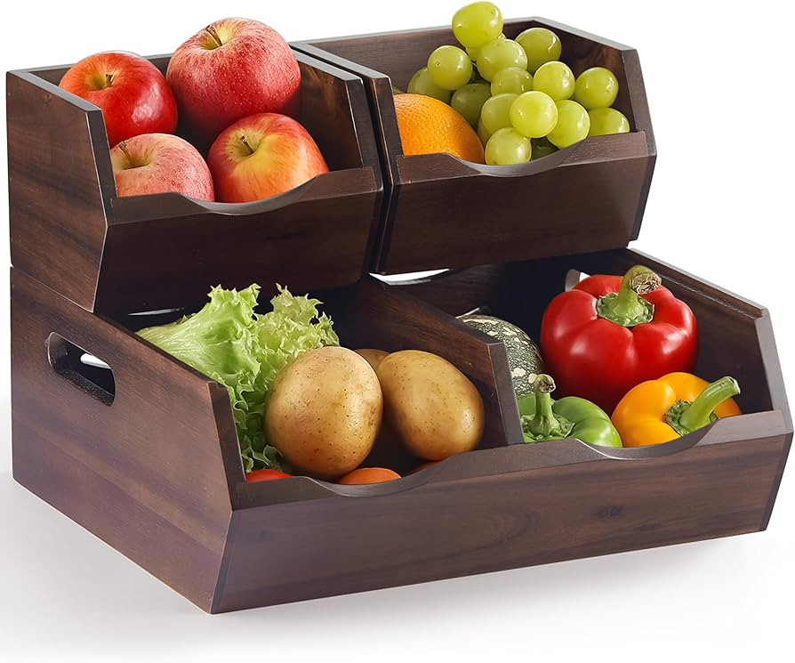 Acacia Wood Pantry Storage Bins - Stackable Open Front Kitchen Baskets with Airflow Vent for Pota... | Amazon (US)