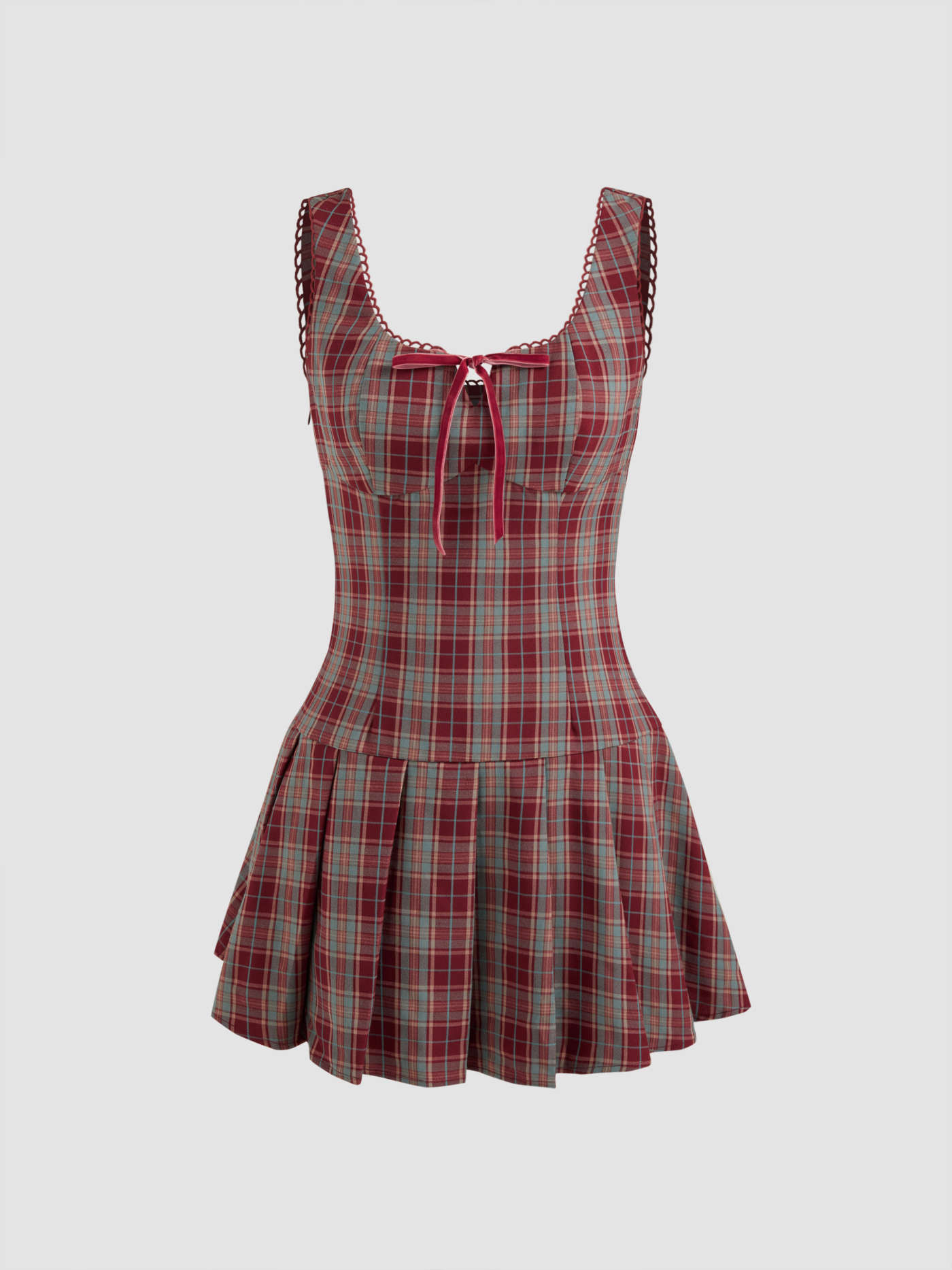 Square Neck Check Bowknot Pleated Mini Dress | Cider