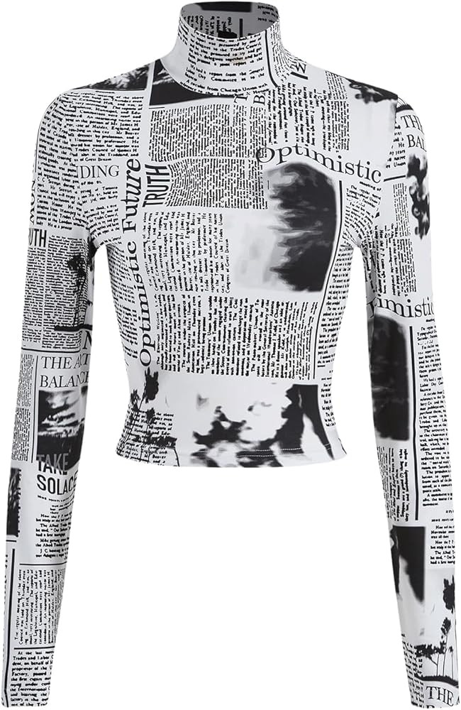 MakeMeChic Women's Newspaper Print Mock Neck Tee Shirt Long Sleeve Slim Fit Crop Tops | Amazon (US)