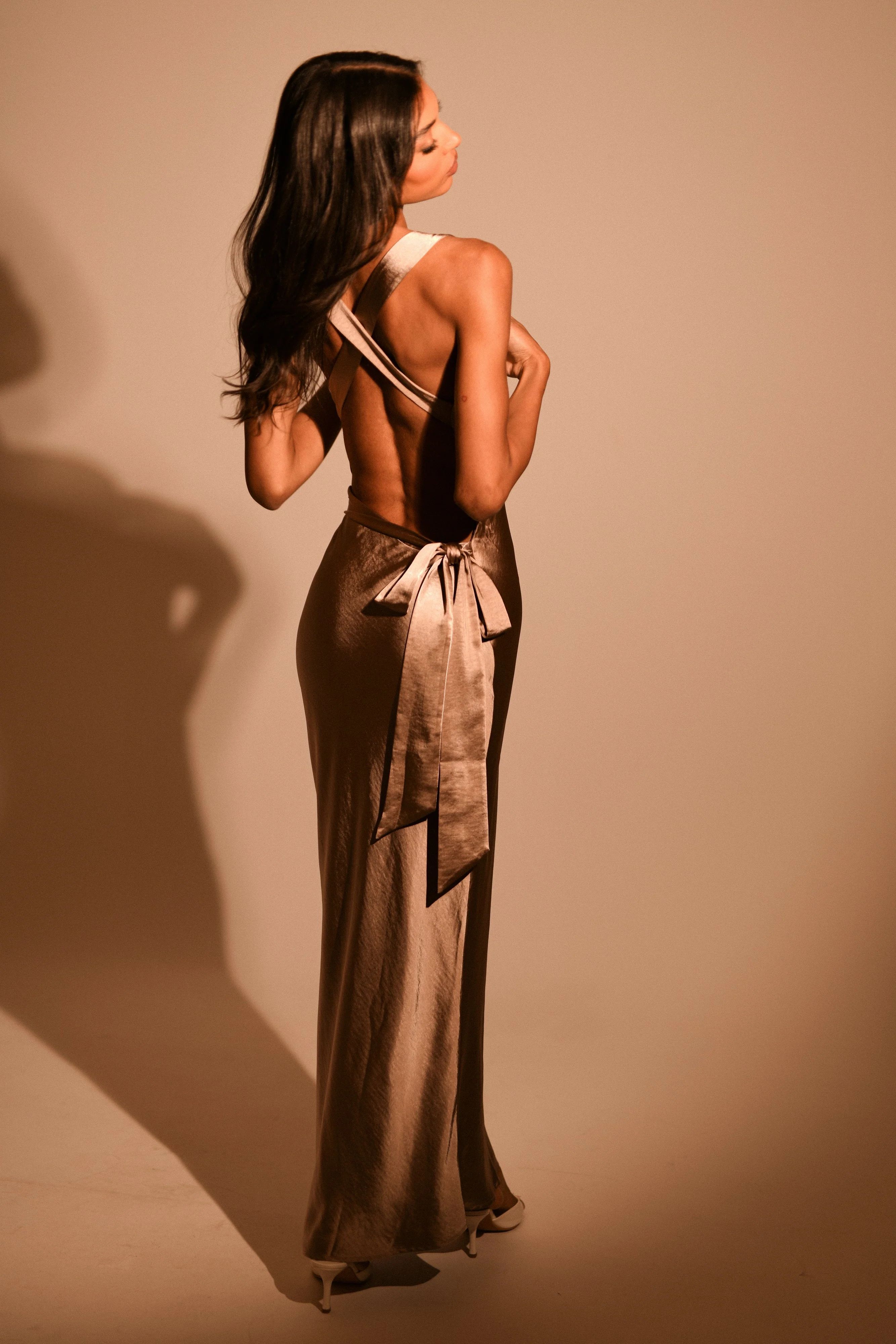 Caellie Satin Cowl Maxi Dress - Taupe | MESHKI US
