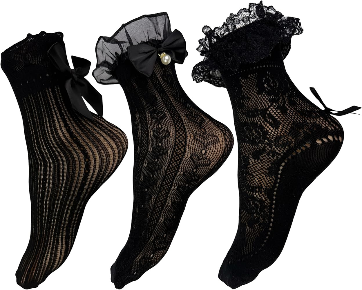 Winterlace Womens Frilly Ruffle Ankle Socks, 3 Pairs Lace Cute Bows Bobby Fashion Dress Sock | Amazon (US)