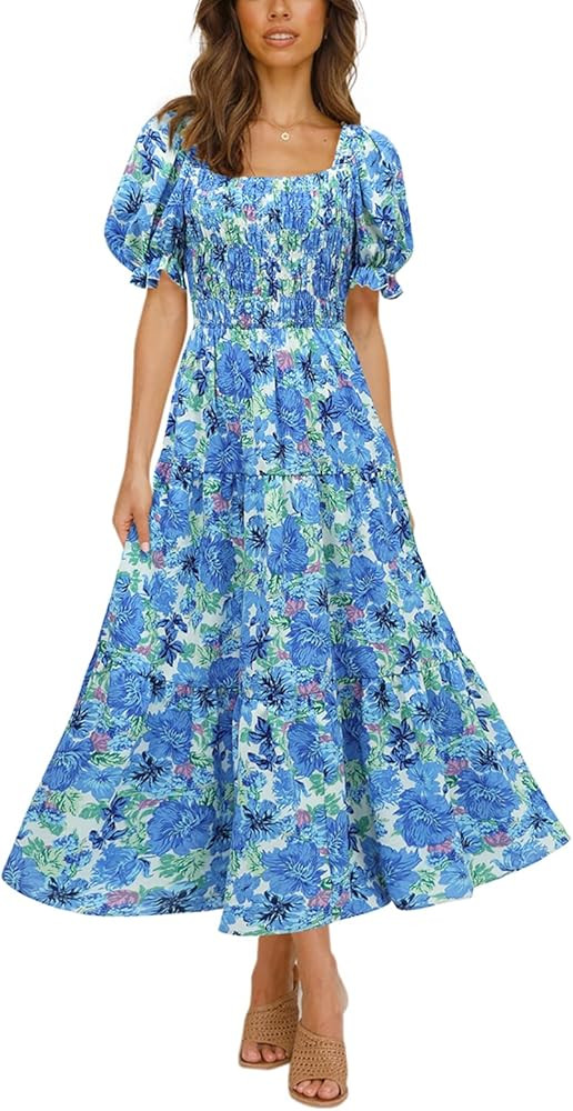 PRETTYGARDEN Women's Boho Floral Print Summer Dresses Square Neck Puff Sleeve A Line Long Dress Smoc | Amazon (US)