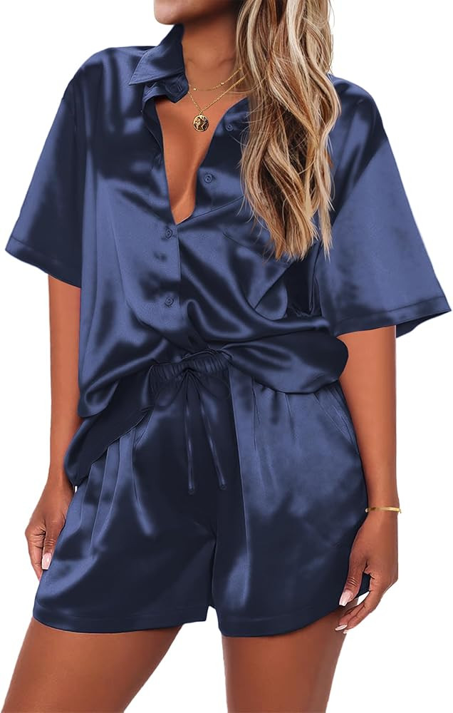 Ekouaer Pajamas for Women Silk Soft Sleepwear Short Sleeve Button Down Pjs Satin Top and Shorts 2... | Amazon (US)