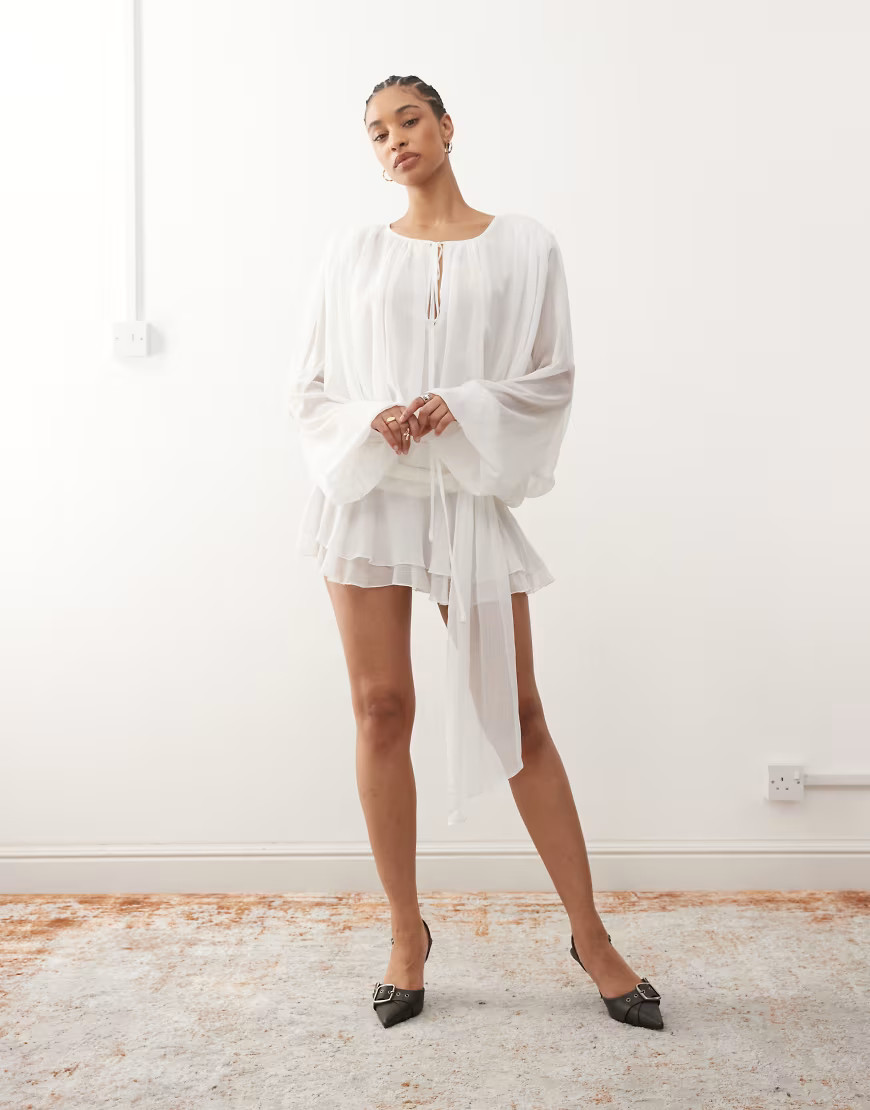 Lioness Elements chiffon draped detailing handkerchief hem mini dress in white | ASOS (Global)