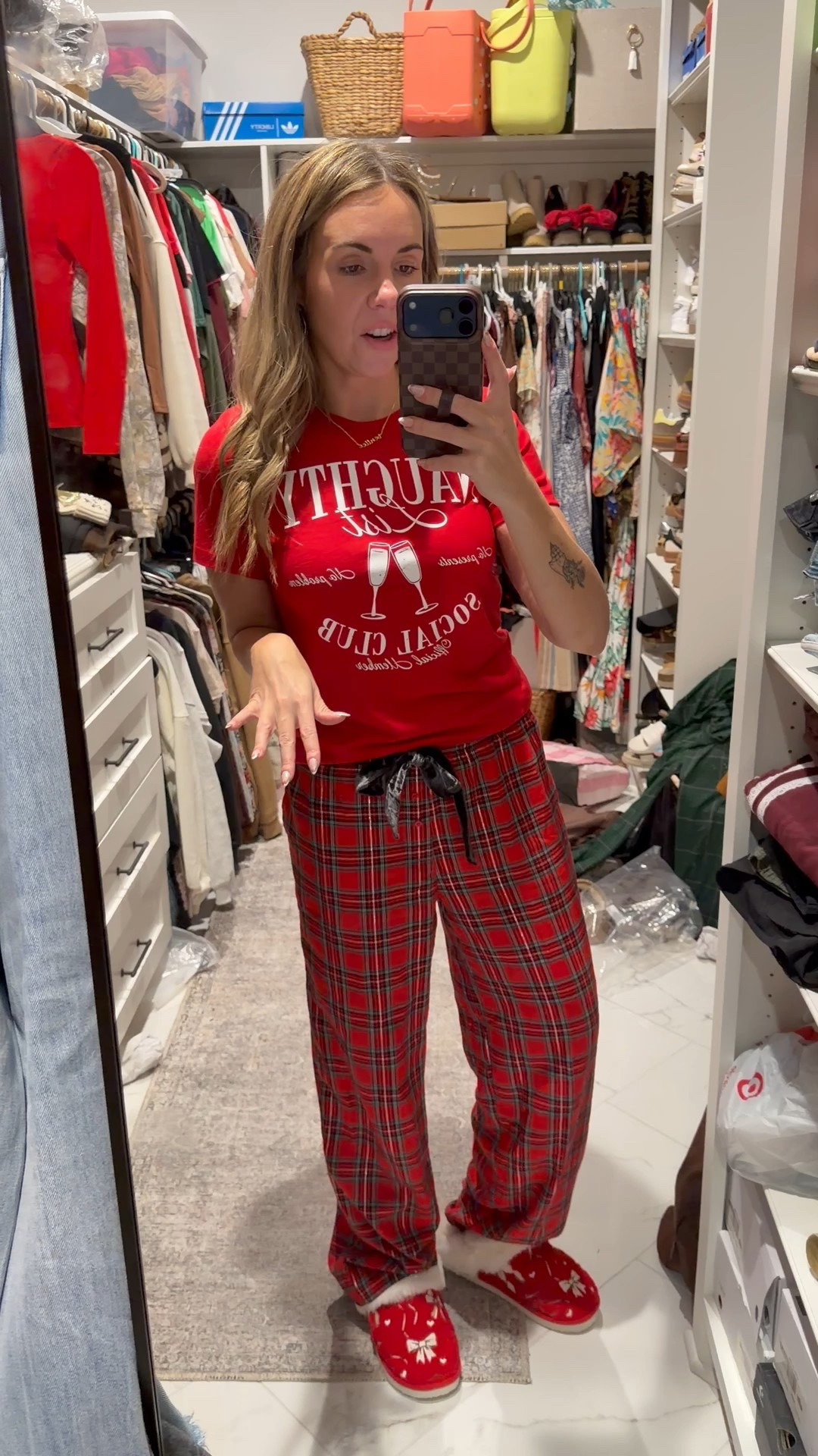 I size up in the slippers and I’m so glad I did! Size up in the tee and pants are TTS. Victoria’s Secret has the best pjs pants! Red bow slippers, American Eagle order, Christmas pajamas. Christmas slippers. 

#LTKmomlife #LTKGiftGuide #LTKootd