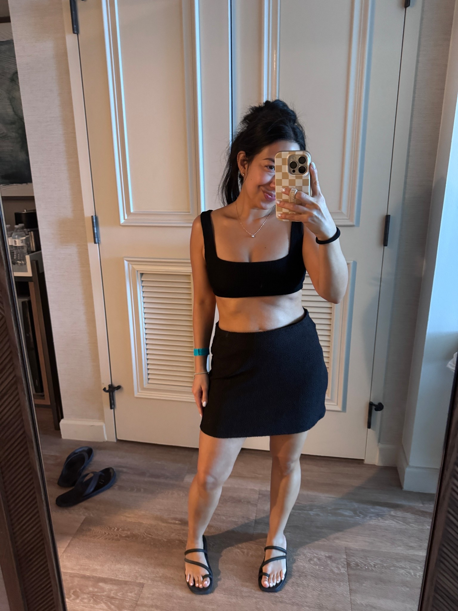 Today’s swim look. 
Black bikini from show me your mumu. Size Medium (tts for swimsuits- I always size up to medium). 
Swim skirt matches the bikini swimsuit. Size medium. It’s a little big but small would be too tight. 
Sandals are crocs. Tts. 
We took a boat ride and spent the day on a private island with a beach. 
Vacation. Travel. 

#LTKTravel #LTKSwim #LTKPetite