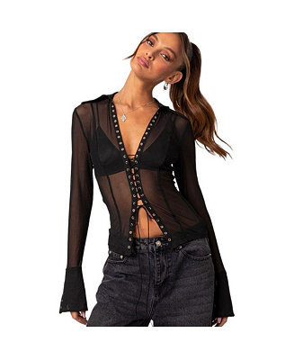 Women's Lace up sheer mesh top | Macy's